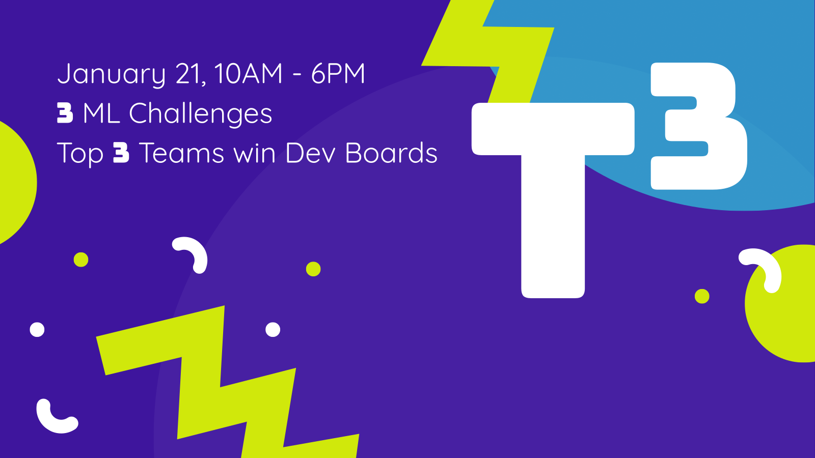 Promotional banner for Hackathon on January 21, 10 AM - 6 PM; 3 ML Challenges; Top 3 Teams win Dev Boards